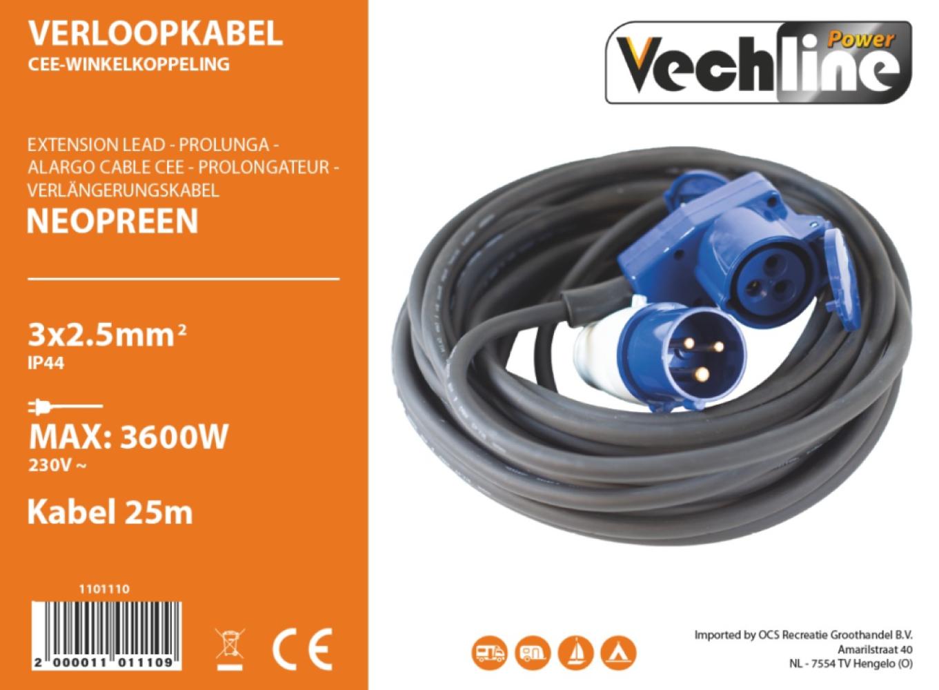 Vechline Verloopkabel 3x2.5mmÂ² CEE-Winkelkoppeling 25m