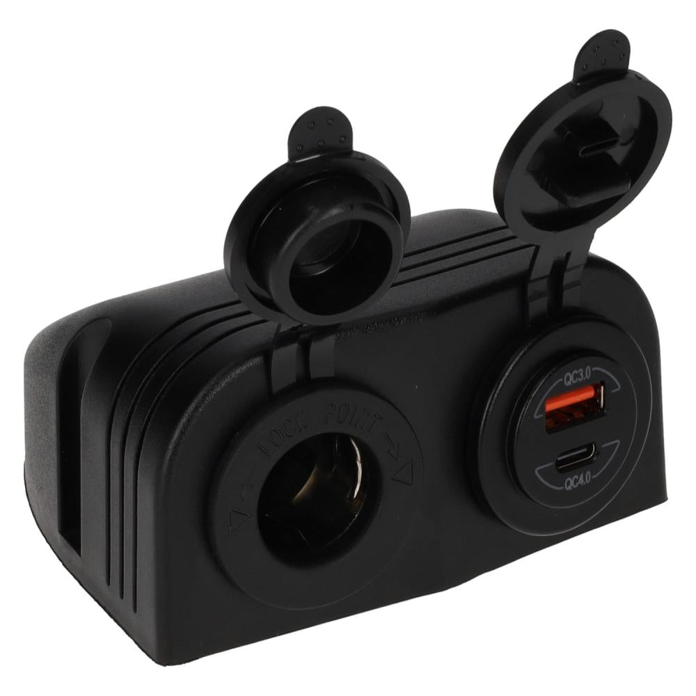 Power Line Contactdoos 12V + USB-A + USB-C Lader Opbouw Zwart